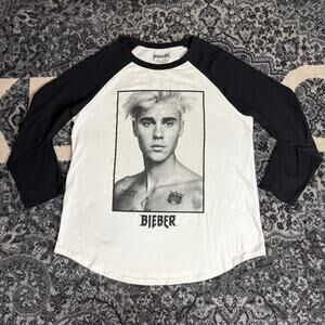 Justin Bieber Mens Portrait 3/4 Sleeve White And Black Purpose Tour Sz L
